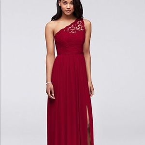 David’s Bridal One Shoulder Lace Apple bridesmaid